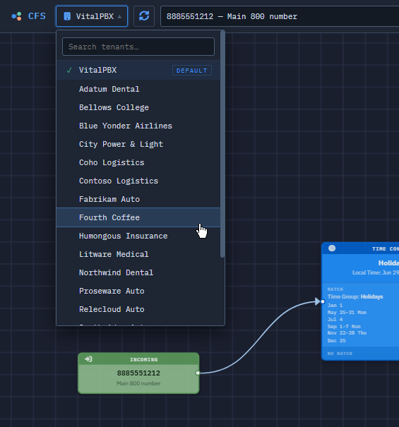 Call Flow Studio on VitalPBX — the tenant switcher open over a live call-flow canvas, each tenant on its own diagram